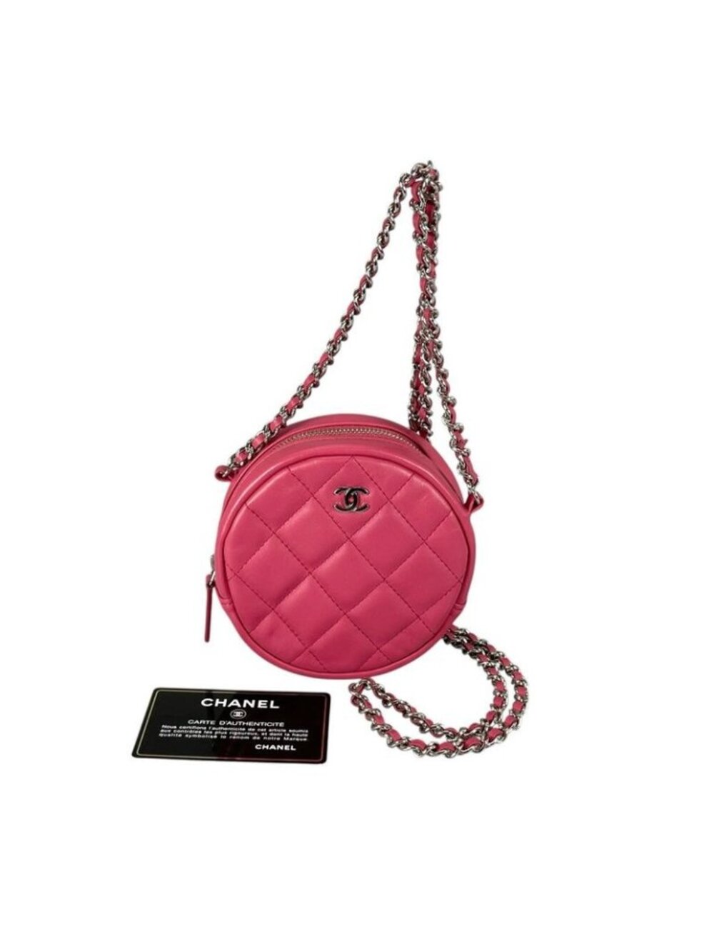 Chanel CC Logo Round Chain Quilted Mini Shoulder Bag Pink